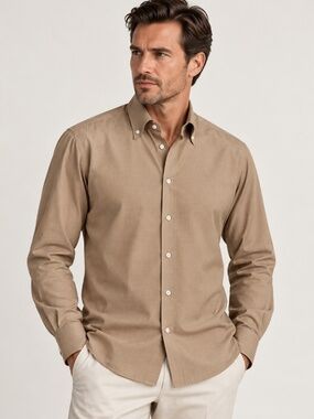 Brioni Neiman Marcus 100% Cotton Dress Shirt Tan Beige Button Down Italy Size XL